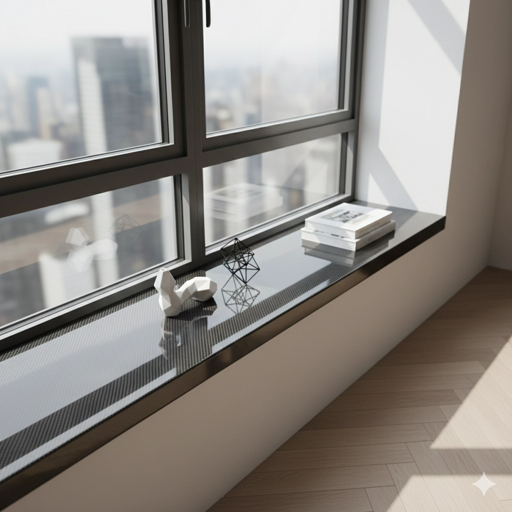 Schwarze Fensterbank mit geometrischen Dekoobjekten und Büchern vor großem Fenster mit Stadtpanorama – Fensterbänke